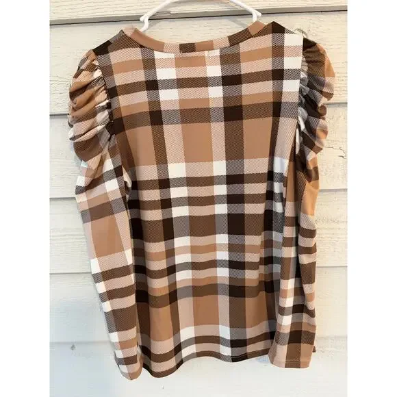 Les Amis Plaid Puff Sleeve Top Brown Beige Check Blouse Size Small - Picture 6 of 6
